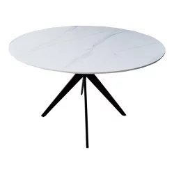 Τραπέζι Orbital  sintered stone λευκή όψη μαρμάρου με μαύρα μεταλλικά πόδια Φ120x76εκ
