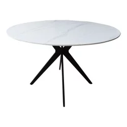 Τραπέζι Orbital  sintered stone λευκή όψη μαρμάρου με μαύρα μεταλλικά πόδια Φ120x76εκ
