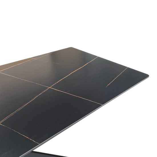 Τραπέζι Mattias  sintered stone μαύρη όψη μαρμάρου με μαύρα μεταλλικά πόδια 180x90x75εκ