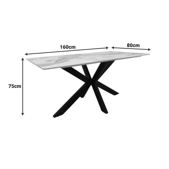 Τραπέζι Bethan  sintered stone-μέταλλο λευκό μαρμάρου-μαύρο 160x80x75εκ