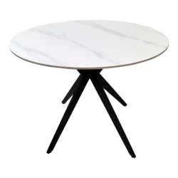 Τραπέζι Orbital  sintered stone λευκή ματ όψη μαρμάρου με μαύρο μεταλλικό πόδι Φ100x76εκ