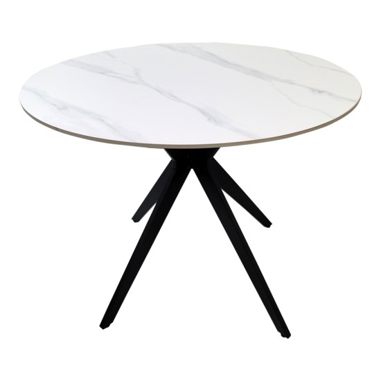Τραπέζι Orbital  sintered stone λευκή ματ όψη μαρμάρου με μαύρο μεταλλικό πόδι Φ100x76εκ