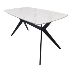 Τραπέζι Ezali  sintered stone λευκή ματ όψη μαρμάρου με μαύρο μεταλλικό πόδι 140x80x75εκ