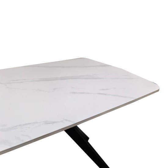 Τραπέζι Ezali  sintered stone λευκή ματ όψη μαρμάρου με μαύρο μεταλλικό πόδι 180x90x75εκ