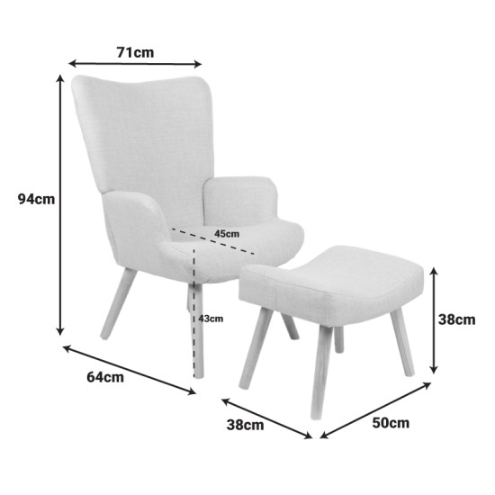 Πολυθρόνα-μπερζέρα με υποπόδιο Gerlina  κρεμ ύφασμα με πόδι σε φυσική απόχρωση 71x64x94εκ