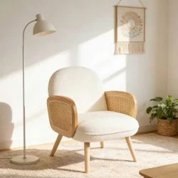 Πολυθρόνα Stedy  λευκό μπουκλέ ύφασμα με πόδι σε φυσική απόχρωση 78x64x82εκ