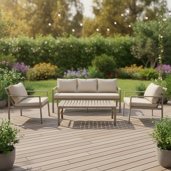 Σαλόνι Gardenly Ι  σετ 4τμχ αλουμίνιο σε απόχρωση cappuccino με γκρι-μπεζ μαξιλάρια