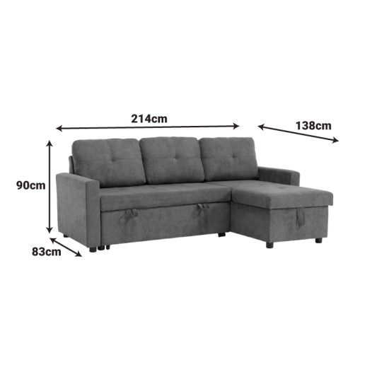 Γωνιακός αναστρέψιμος καναπές κρεβάτι Napora  με αποθηκευτικό χώρο γκρι-μπεζ ύφασμα 214x83/138x90εκ