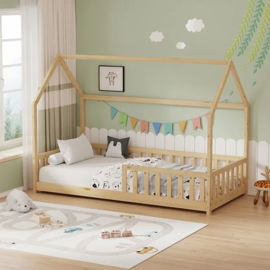 Παιδικό κρεβάτι Bambie με κιγκλίδωμα τ. Montessori  ξύλο πεύκου σε φυσική απόχρωση 90x190εκ