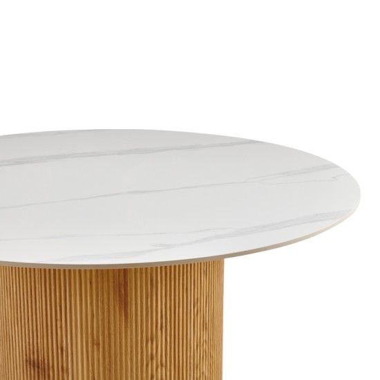 Τραπέζι Sikulu  oak MDF με κεραμική επιφάνεια σε λευκό μαρμάρου Φ125x77εκ