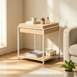 Βοηθητικό τραπέζι Odar  με αποθηκευτικό χώρο sonoma MDF με λευκό μέταλλο 51x51x60εκ