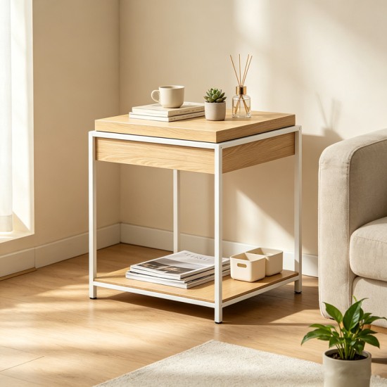 Βοηθητικό τραπέζι Odar  με αποθηκευτικό χώρο sonoma MDF με λευκό μέταλλο 51x51x60εκ