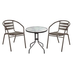 BALENO - FUNKY Set Βεράντας - Κήπου: Τραπέζι + 2 Πολυθρόνες Μέταλλο - Αλουμίνιο Βαφή Καφέ