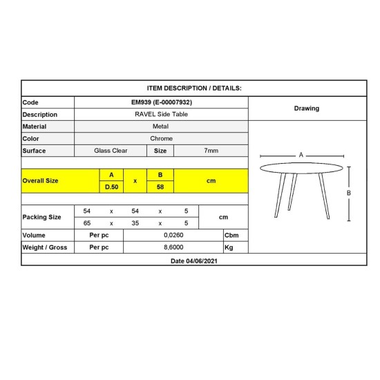 RAVEL Τραπεζάκι Βοηθητικό Χρώμιο - Γυαλί Clear -  Φ50cm H.58cm