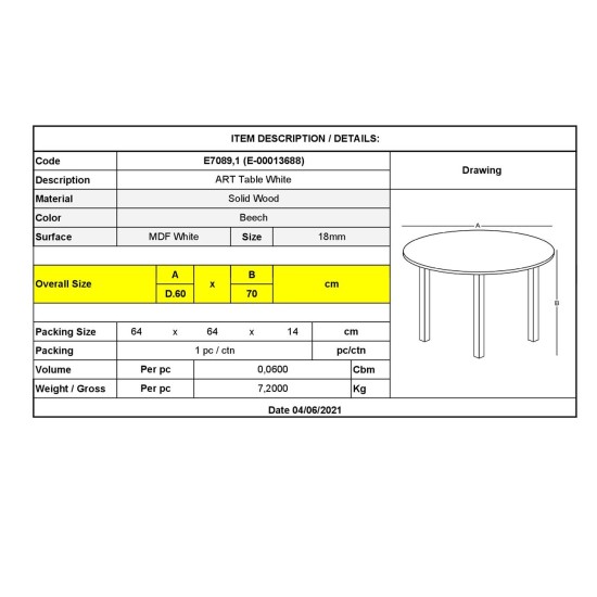 ART Τραπέζι Άσπρο MDF -  Φ60 H.70cm