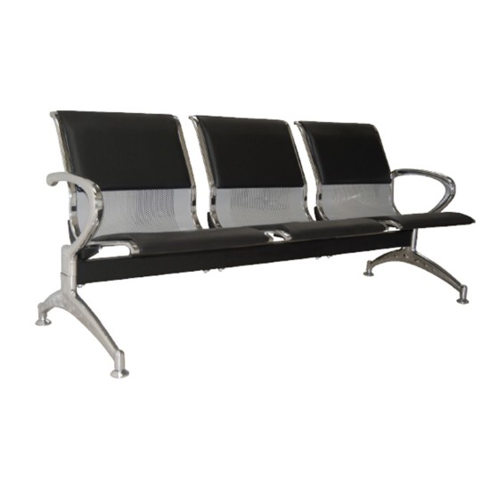 Κάθισμα Αναμονής - Υποδοχής 3 Θέσεων, Μέταλλο Χρώμιο PVC Μαύρο -  181x58x77cm