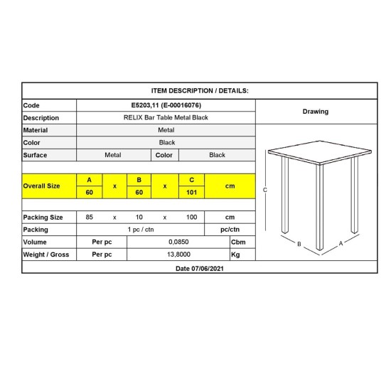 RELIX Τραπέζι Bar-Pro, Μέταλλο Βαφή Μαύρο -  60x60x101cm