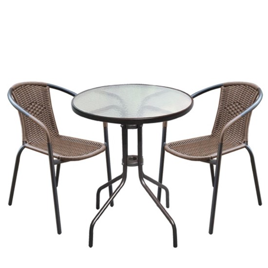 BALENO Set Κήπου - Βεράντας: Τραπέζι + 2 Πολυθρόνες Μέταλλο Καφέ - Wicker Brown -  Table:Φ60x70 Armchair:53x58x77