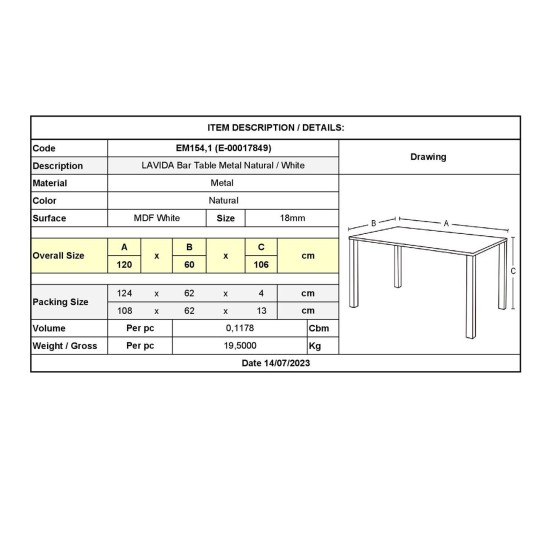 LAVIDA Τραπέζι BAR Μέταλλο Βαφή Φυσικό, Άσπρο MDF -  120x60x106cm