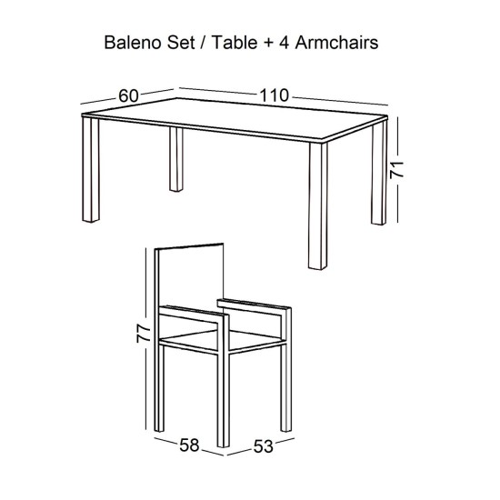 BALENO Set Τραπεζαρία Κήπου: Τραπέζι + 4 Πολυθρόνες Μέταλλο Ανθρακί - Wicker Mixed Grey -  Table:110x60x71 Seat:53x58x77