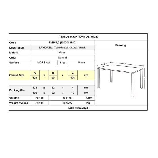 LAVIDA Τραπέζι BAR Μέταλλο Βαφή Φυσικό, Μαύρο MDF -  120x60x106cm