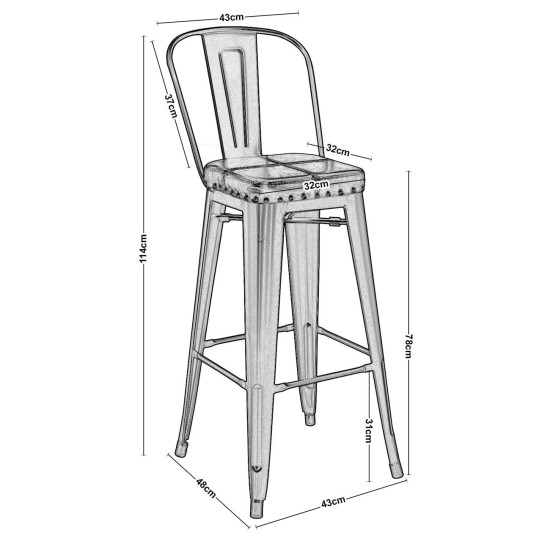 RELIX Σκαμπό Bar-Pro με Πλάτη, Μέταλλο Βαφή Μαύρο Matte, Pu Camel -  43x48x78/114cm