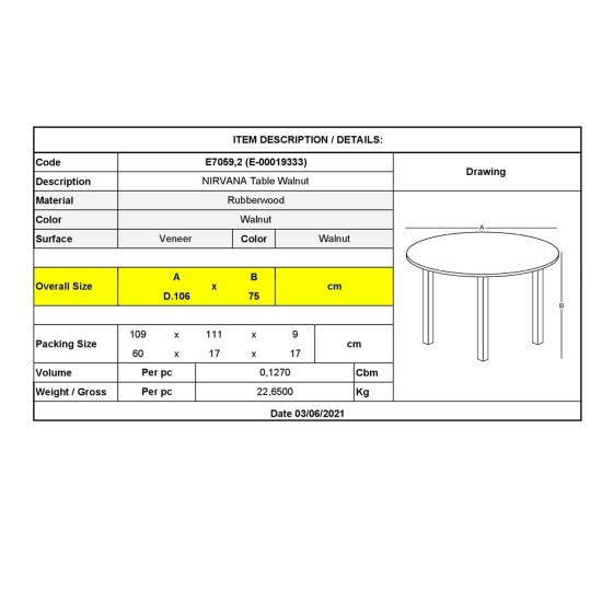 NIRVANA Τραπέζι Τραπεζαρίας Κουζίνας, Καρυδί -  Φ106 x75cm