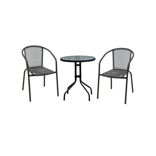 BALENO Set Κήπου - Βεράντας: Τραπέζι + 2 Πολυθρόνες Μέταλλο Μαύρο - Textilene Γκρι -  Table:Φ60x70 Armchair:53x58x77