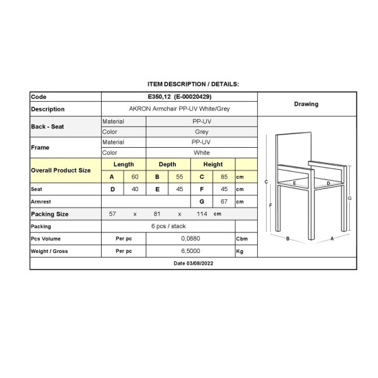 AKRON Πολυθρόνα PP-UV Άσπρο - Γκρι -  60x55x85cm