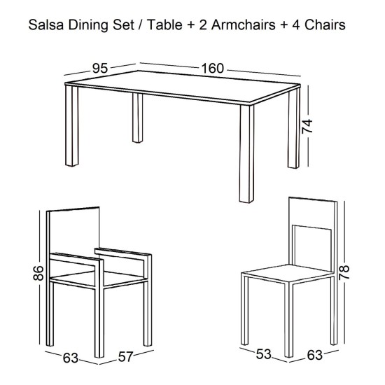 SALSA Τραπεζαρία Κήπου:Μέταλλο Βαφή Μαύρο-Wicker Φυσικό: 2 Πολυθρόνες+ 4 Καρέκλες+Τραπέζι -  160x95x74 -57x68x83-53x63x78cm