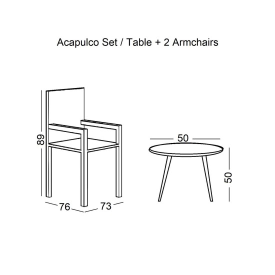 ACAPULCO Set Κήπου - Βεράντας: Τραπέζι + 2 Πολυθρόνες Μέταλλο Μαύρο / Rattan Άσπρο -  Τραπ:Φ50x50cm - Πολ:73x76x89cm