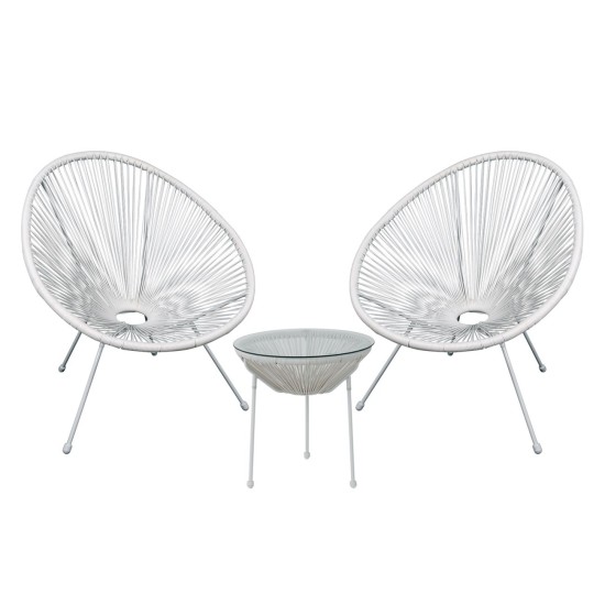 ACAPULCO Set Κήπου - Βεράντας: Τραπέζι + 2 Πολυθρόνες Μέταλλο Άσπρο/Rattan Άσπρο -  Table:Φ50x50cm Chair:73x76x89