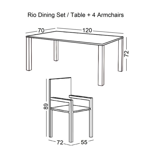 RIO Set Τραπεζαρία Βεράντας - Κήπου: Τραπέζι + 4 Πολυθρόνες Μέταλλο Καφέ, Textilene Καφέ