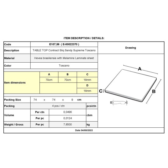 Contract Sliq Sandy Supreme Επιφάνεια Τραπεζιού τ.Werzalit Απόχρωση Toscano -  70x70cm/18mm