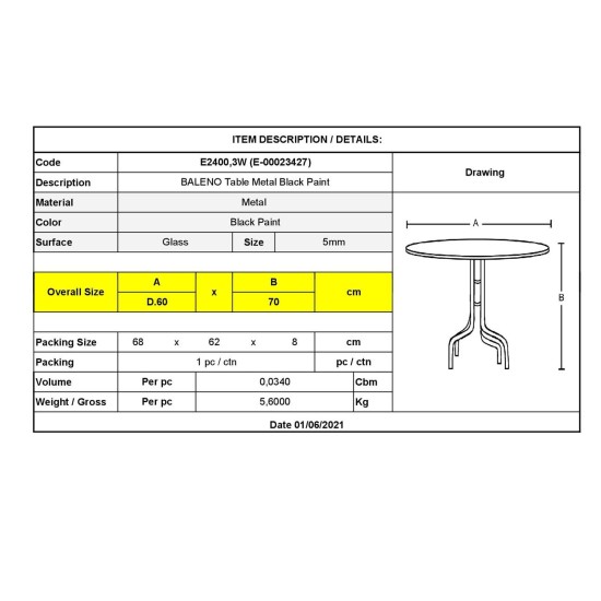 BALENO Τραπέζι Κήπου - Βεράντας, Μέταλλο Βαφή Μαύρο, Γυαλί Tempered -  Φ60x70cm