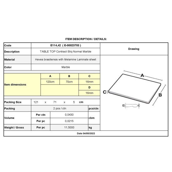 Contract Sliq Normal Επιφάνεια Τραπεζιού τ.Werzalit, Απόχρωση Marble -  70x120cm/16mm