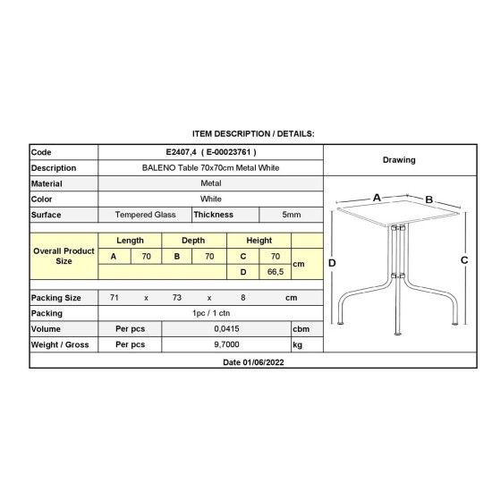 BALENO Τραπέζι Κήπου - Βεράντας, Μέταλλο Βαφή Άσπρο, Γυαλί Tempered -  70x70x70cm