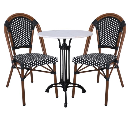 PARIS Καρέκλα Bistro Αλουμίνιο Καρυδί, Wicker Μαύρο - Άσπρο, Στοιβαζόμενη -  46x54x88cm