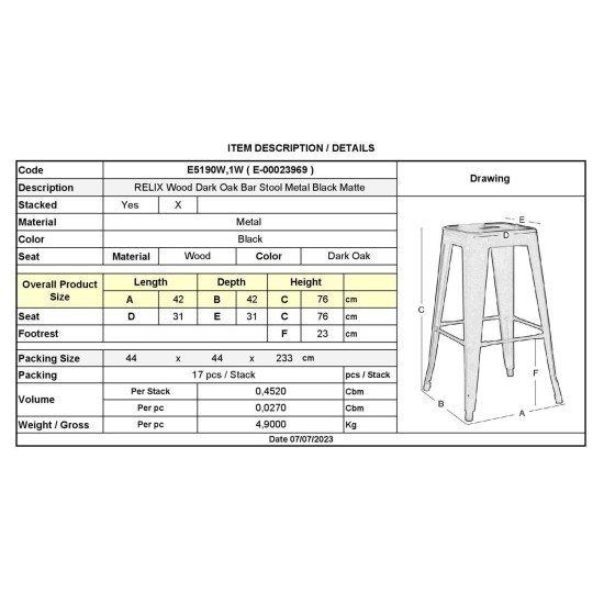 RELIX Wood Σκαμπό Bar, Μέταλλο Βαφή Μαύρο Extra Matte Κάθισμα Dark Oak, Στοιβαζόμενο -  42x42 H.76cm