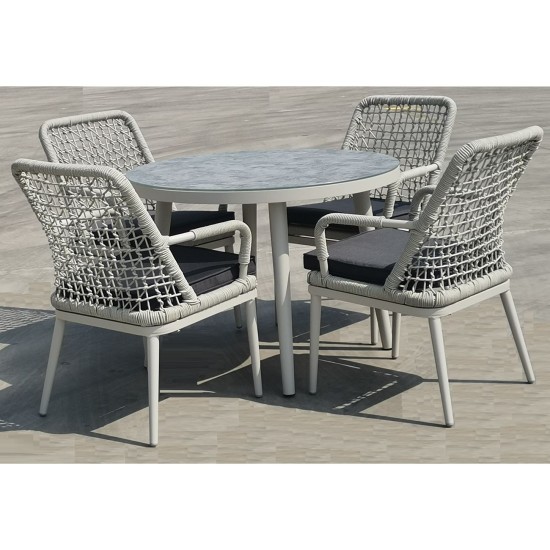 CENTRAL Set Τραπεζαρία Κήπου ALU - Rope Grey-Μαξιλ.Ανθρακί: Τραπέζι Φ100cm + 4 Πολυθρόνες -  Table:Φ100x75 Chair:61x65x90cm