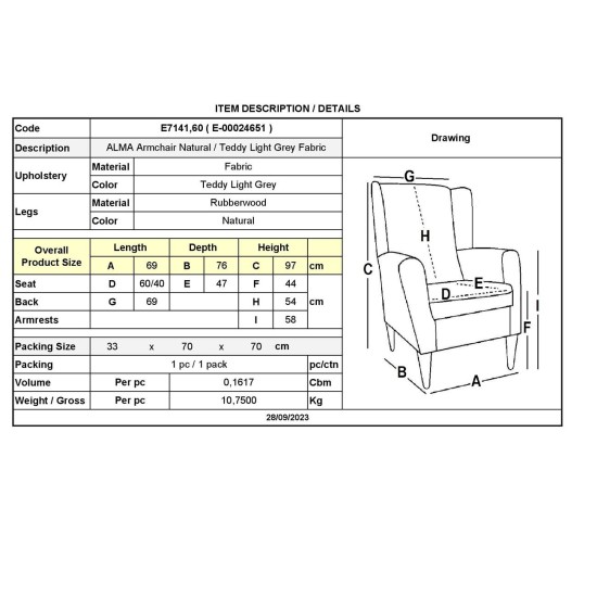 ALMA Πολυθρόνα - Μπερζέρα Σαλονιού - Καθιστικού Φυσικό, Teddy Ύφασμα Ανοιχτό Γκρι, K/D -  69x76x97cm