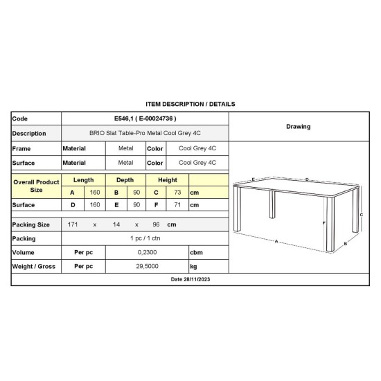 BRIO Slat Τραπέζι-Pro Κήπου - Βεράντας, Μέταλλο Βαφή Cool Grey 4C BRIO Slat Τραπέζι-Pro Κήπου - Βεράντας, Μέταλλο Βαφή Cool Grey 4C