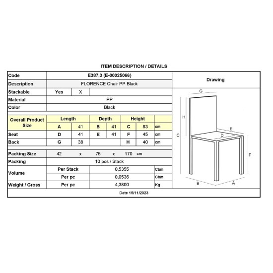 FLORENCE Καρέκλα PP Μαύρο, PP Rattan Μαύρο, Στοιβαζόμενη -  41x41x83cm