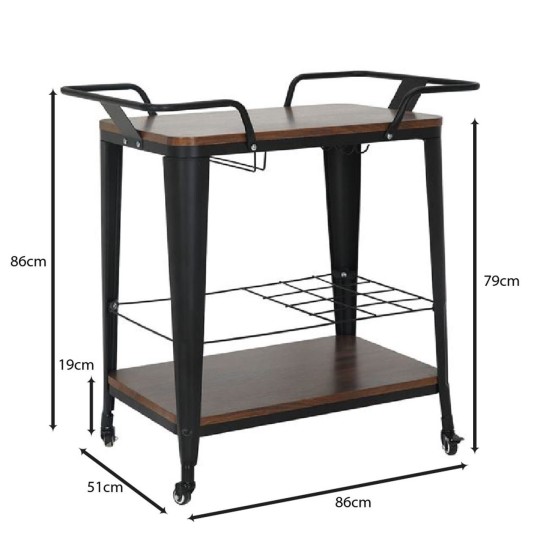 RELIX Trolley Bar-Pro Μέταλλο Βαφή Μαύρο, MDF Απόχρωση Καρυδί