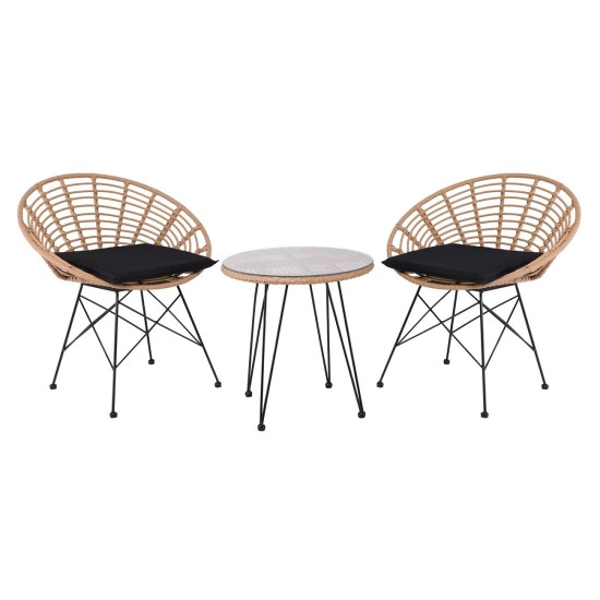 SALSA Coral Coffee Set Κήπου Μέταλλο Μαύρο - Γυαλί - Wicker Φυσικό: Τραπεζάκι+2 Πολυθρόνες