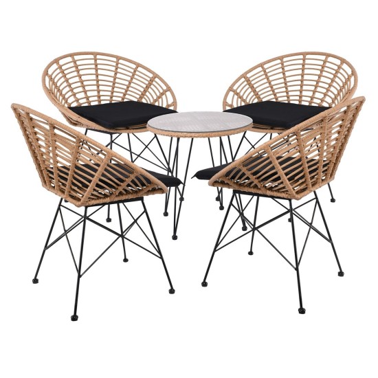 SALSA Coral Coffee Set Κήπου Μέταλλο Μαύρο - Γυαλί - Wicker Φυσικό: Τραπεζάκι+4 Πολυθρόνες