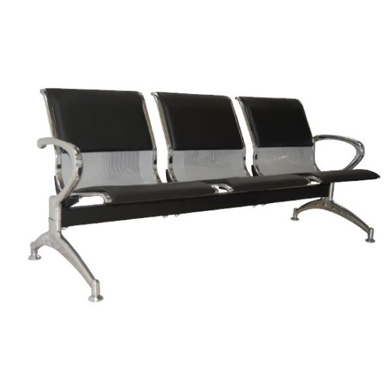 Κάθισμα Αναμονής - Υποδοχής 3 Θέσεων, Μέταλλο Χρώμιο PVC Μαύρο -  181x58x77cm