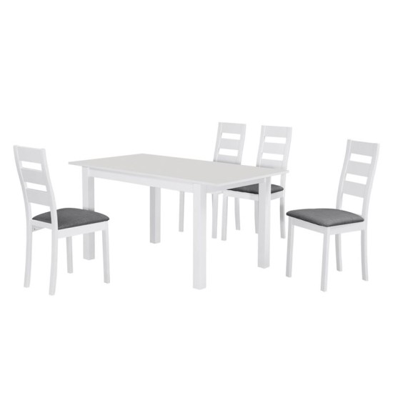 MILLER Set Τραπεζαρία Κουζίνας Άσπρο, Ύφασμα Γκρι: Τραπέζι Επεκτεινόμενο + 4 Καρέκλες -  Table120+30x80x74Chair45x52x97