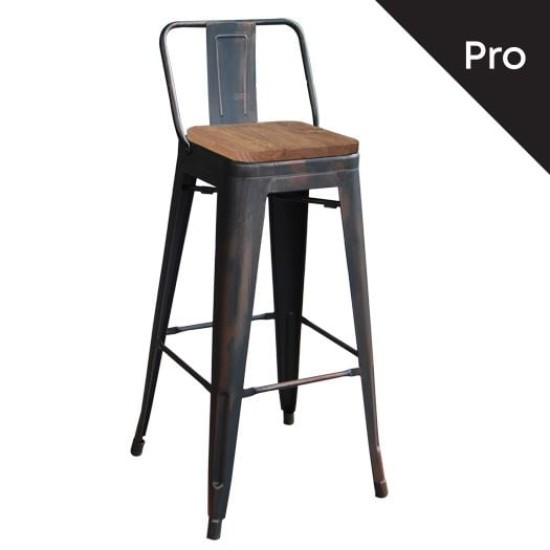 RELIX Wood Σκαμπό Bar-Pro με Πλάτη, Μέταλλο Βαφή Antique Black, Απόχρωση Ξύλου Dark Oak -  44x44x75/100cm