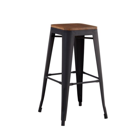 RELIX Wood Σκαμπό Bar, Μέταλλο Βαφή Μαύρο Extra Matte Κάθισμα Dark Oak, Στοιβαζόμενο -  42x42 H.76cm